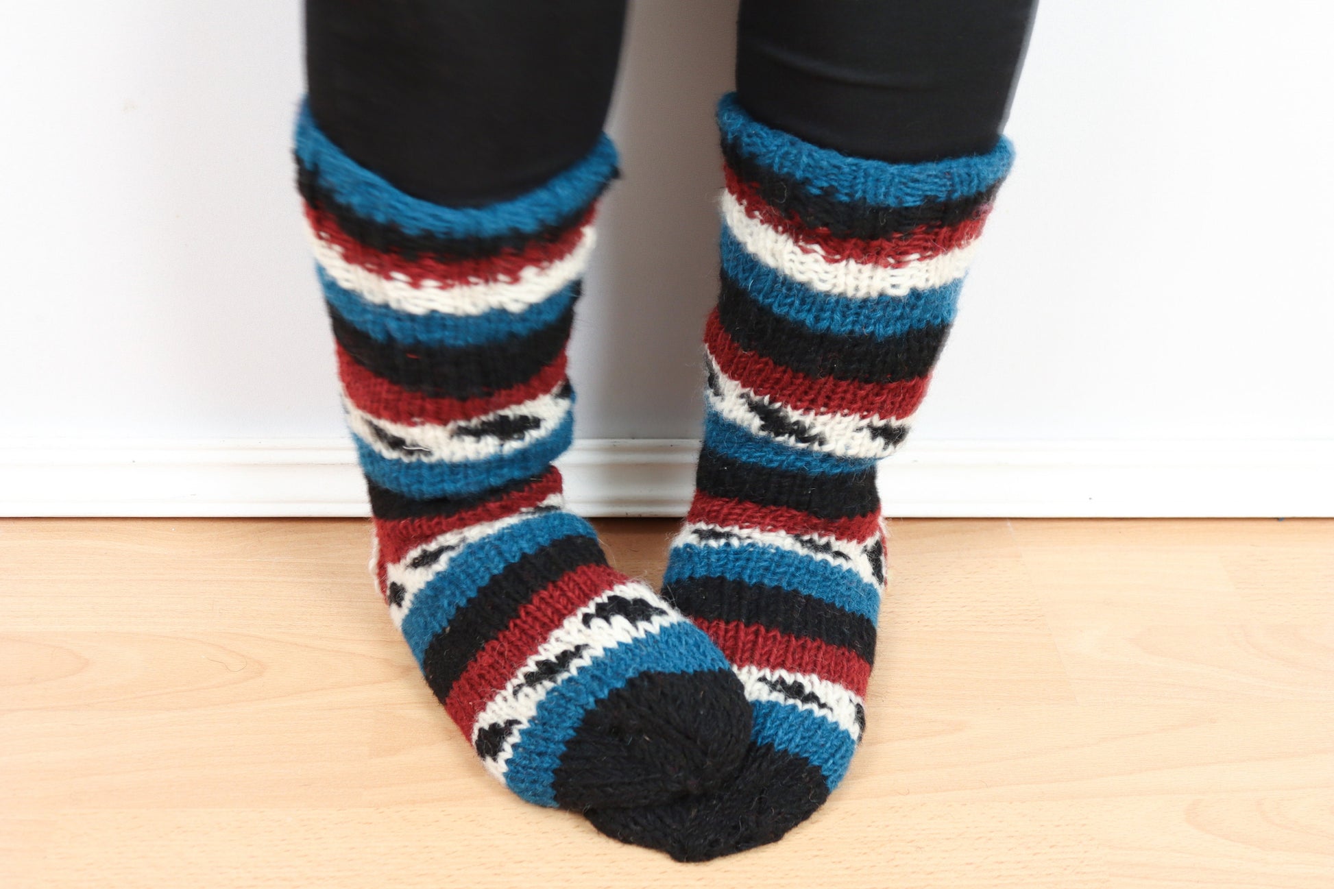 Long Cosy Knitted Sofa Socks - Blue and Red - Bare Canvas