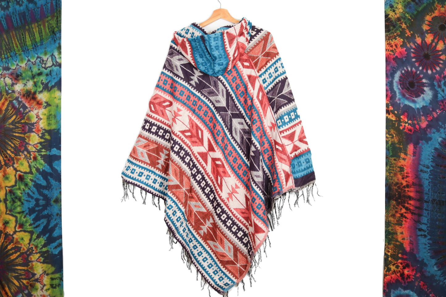 Hooded Blanket Poncho - Cream Blue Purple and Red Aztec