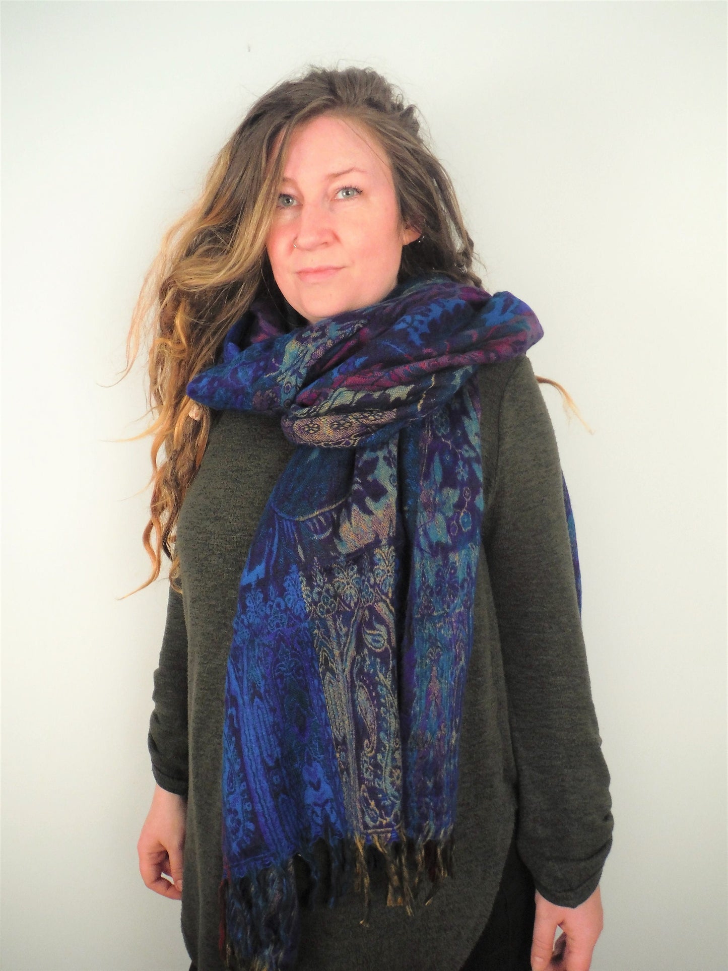 Blanket Scarf / Shawl / Throw - Red Blue And Burgundy Indian Flower