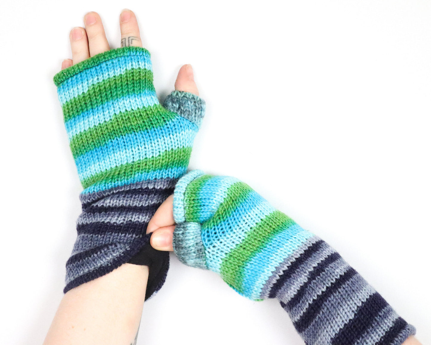 Fleece Lined Knitted Wrist Warmers - Blue and Green Striped