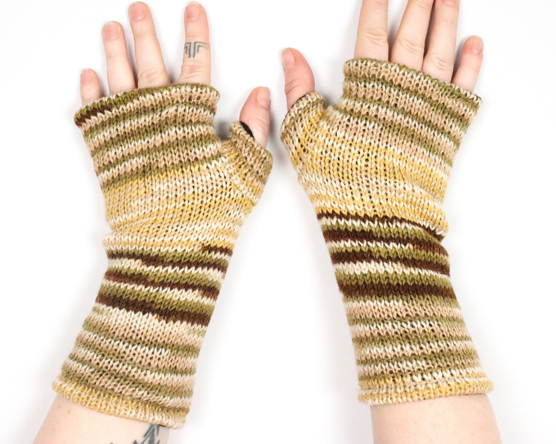 Fleece Lined Knitted Wrist Warmers - Cream and Brown Striped - Bare Canvas