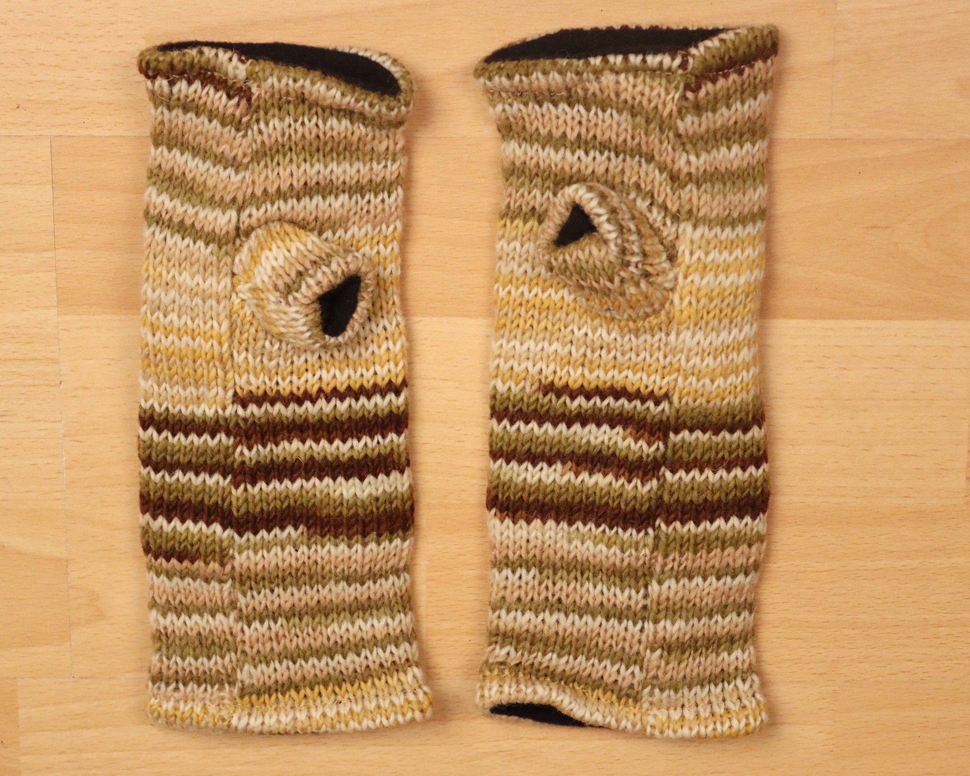 Fleece Lined Knitted Wrist Warmers - Cream and Brown Striped - Bare Canvas