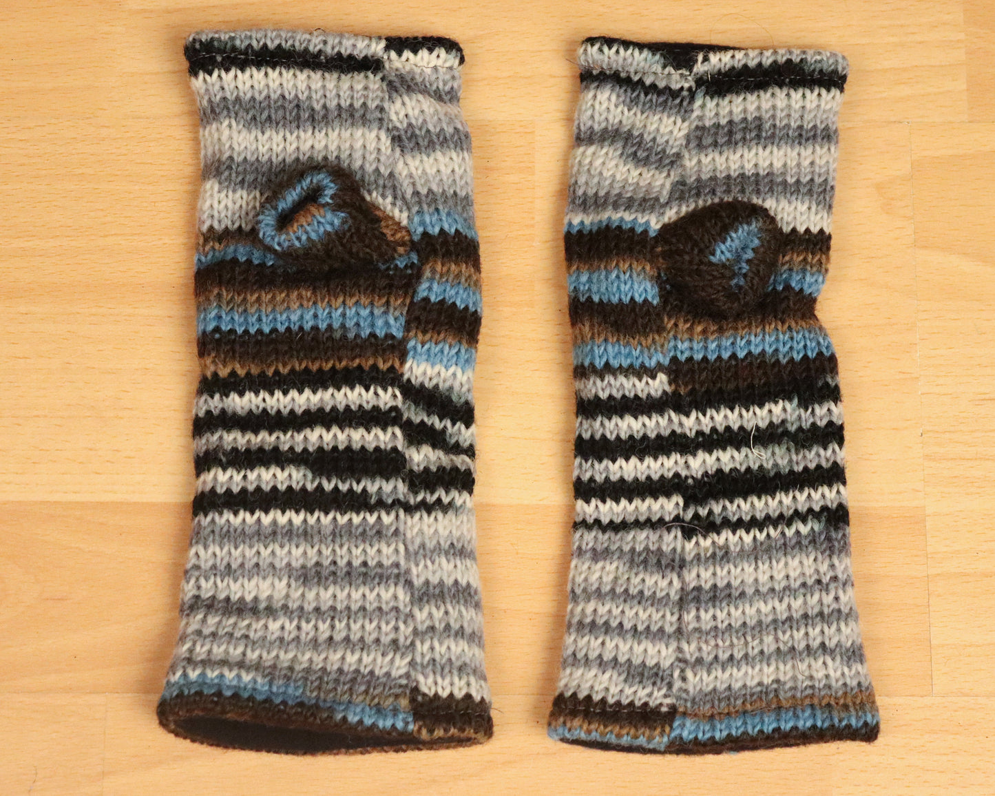 Fleece Lined Knitted Wrist Warmers - Black Blue and Grey Striped - Bare Canvas