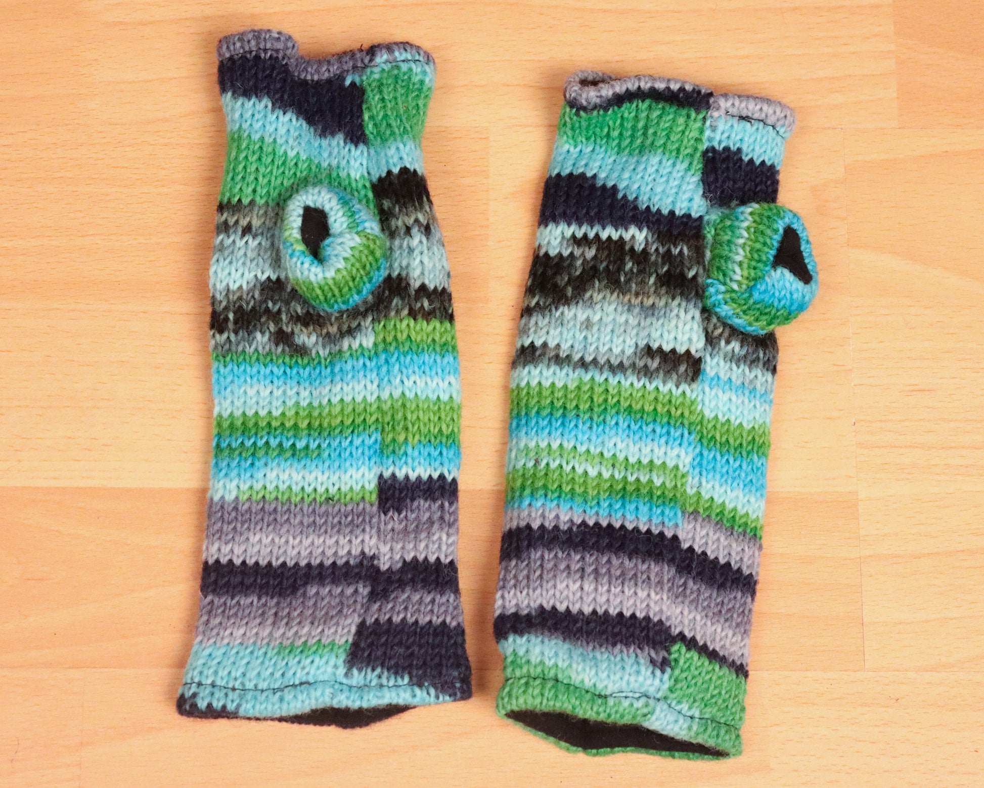 Fleece Lined Knitted Wrist Warmers - Blue Green and Grey Striped - Bare Canvas