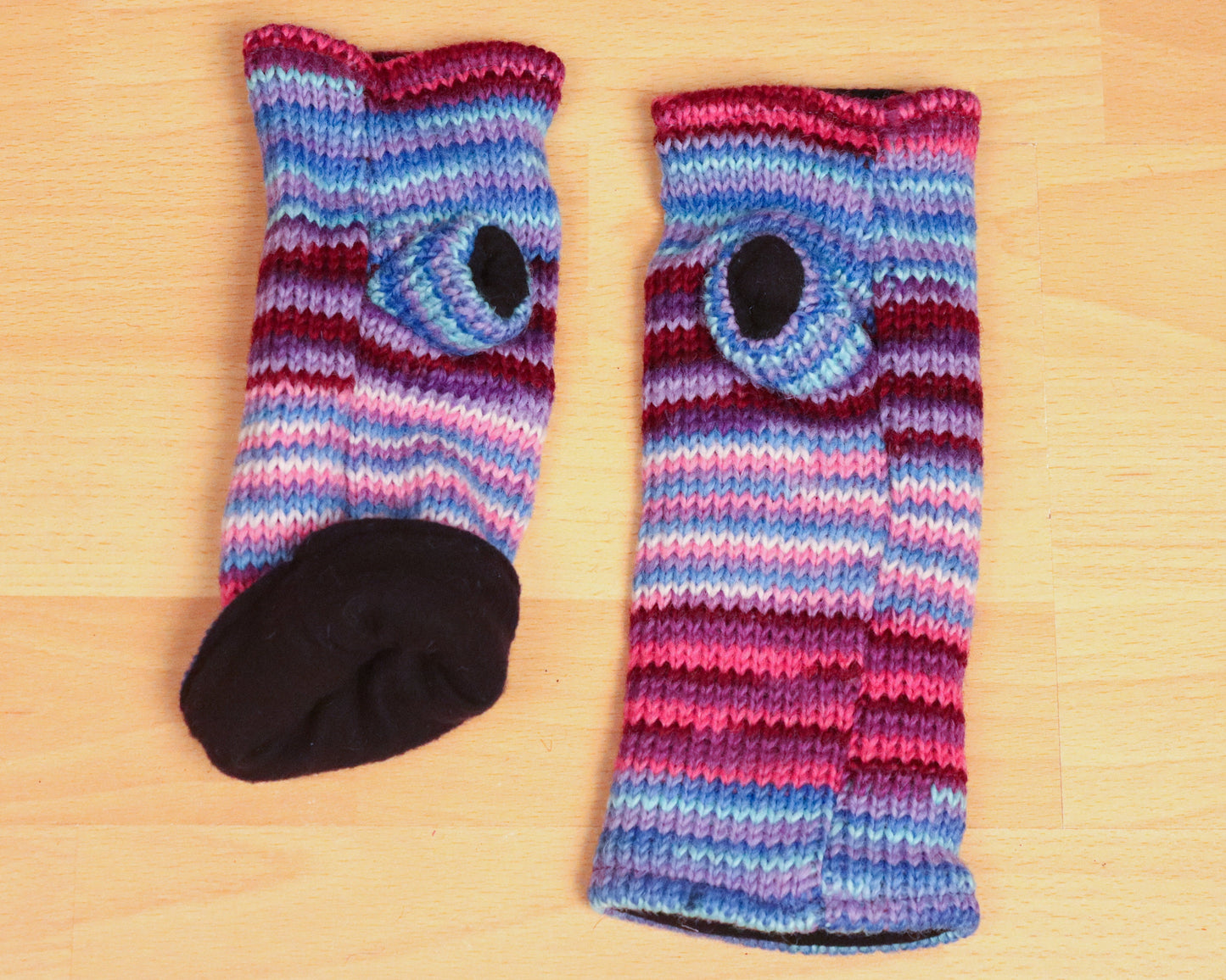 Fleece Lined Knitted Wrist Warmers - Blue Purple and Pink Striped