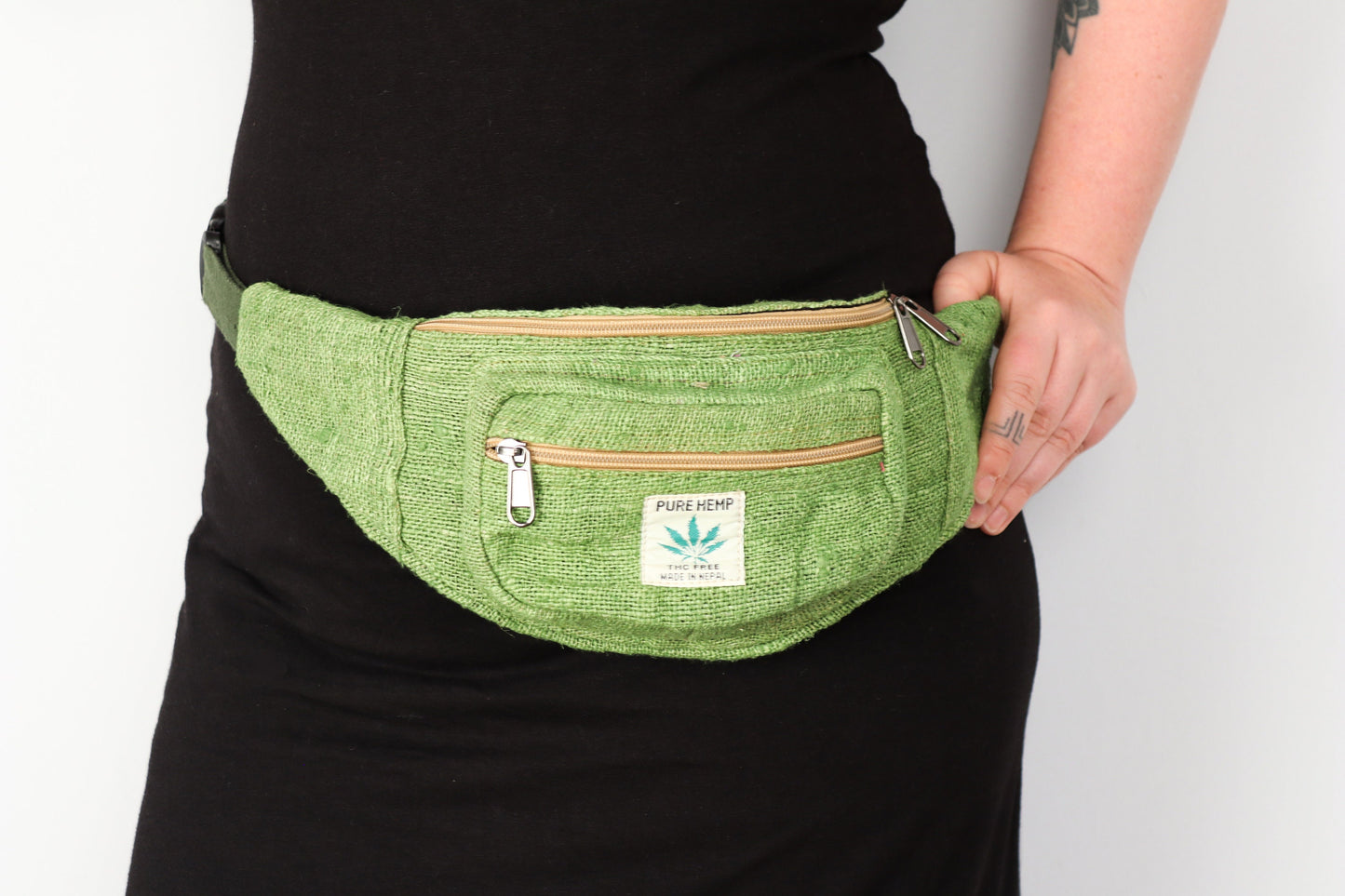 Hemp Bum Bag / Zip-up Belt Bag - Green - Bare Canvas