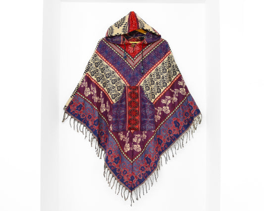 Hooded Blanket Poncho with Pocket - Cream, Red and Purple