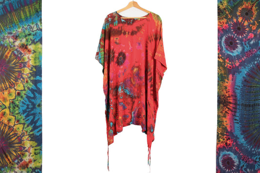 Short Summer Poncho Tie-Dye Dress / Top - Bright Red Rainbow - Bare Canvas