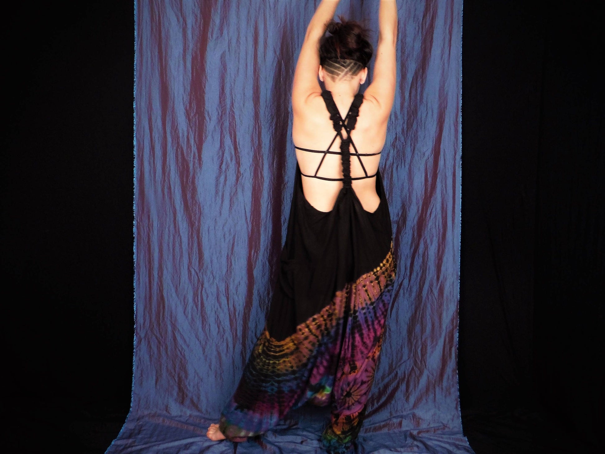 Half Tie-Dye Harem Dungarees - Black and Blueberry Purple - Bare Canvas
