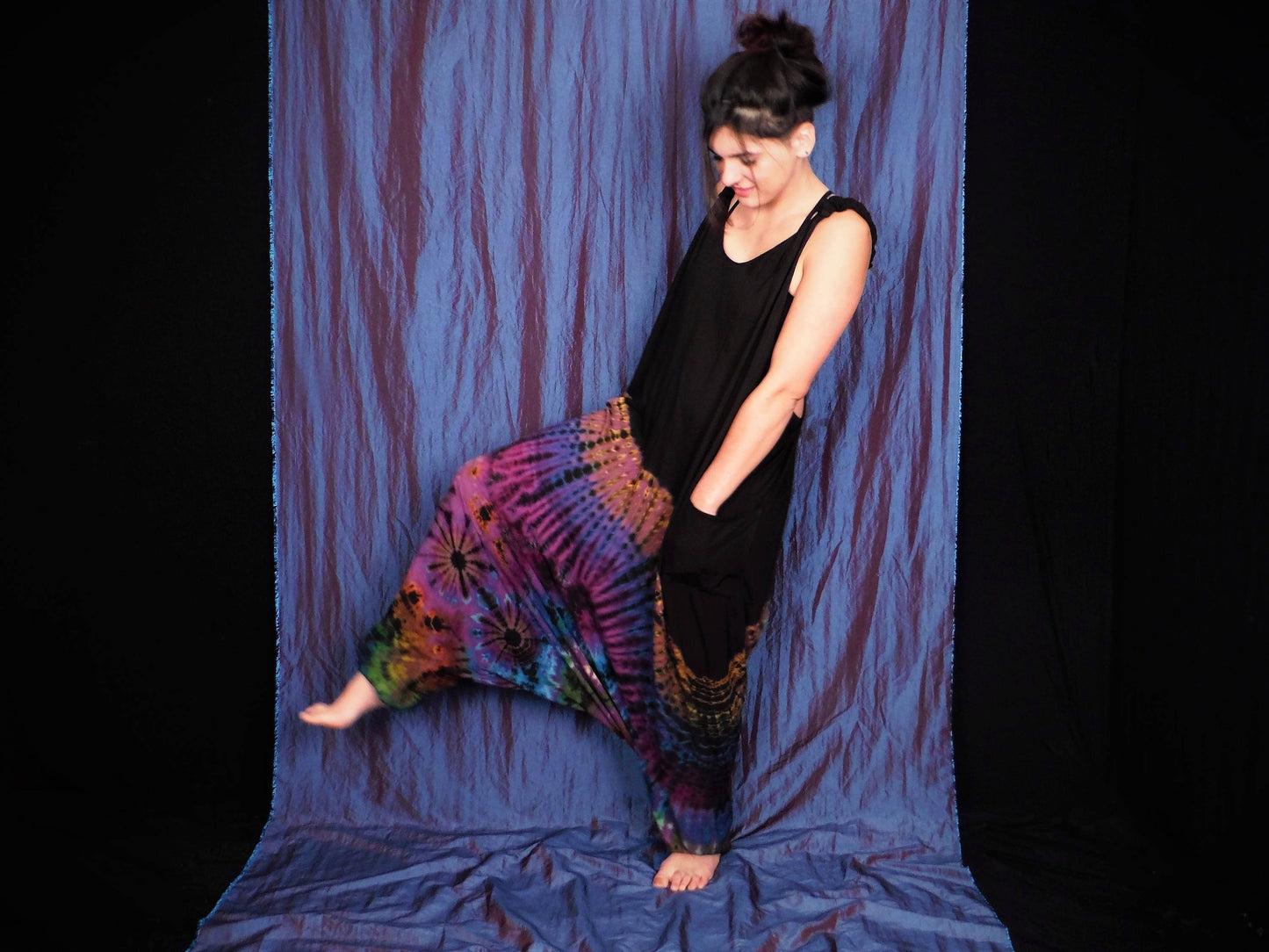 Half Tie-Dye Harem Dungarees - Black and Blueberry Purple - Bare Canvas
