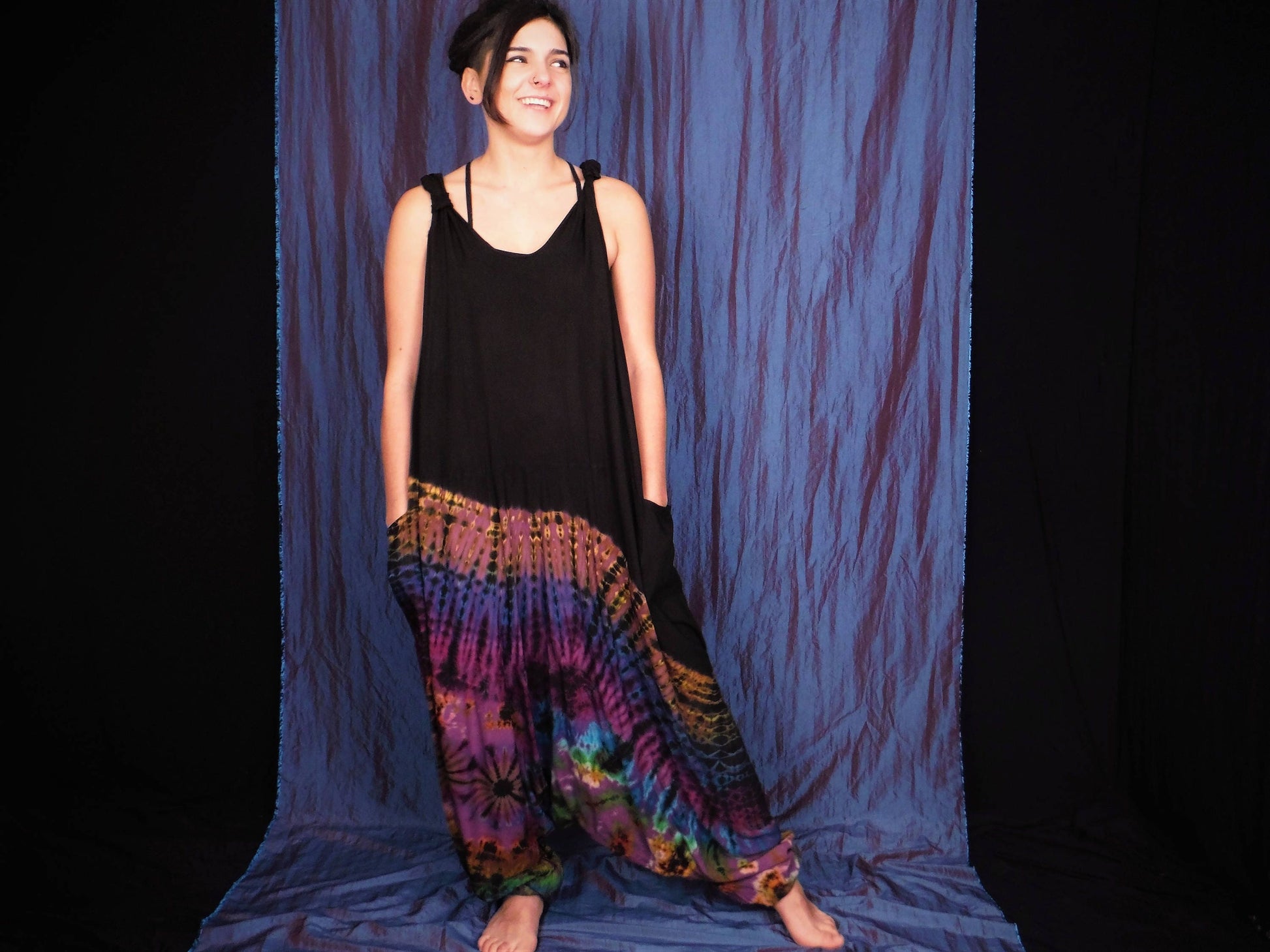Half Tie-Dye Harem Dungarees - Black and Blueberry Purple - Bare Canvas