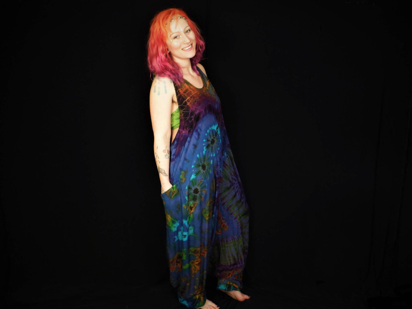 Tie-Dye Harem Dungarees - Mid-Blue Rainbow - Bare Canvas