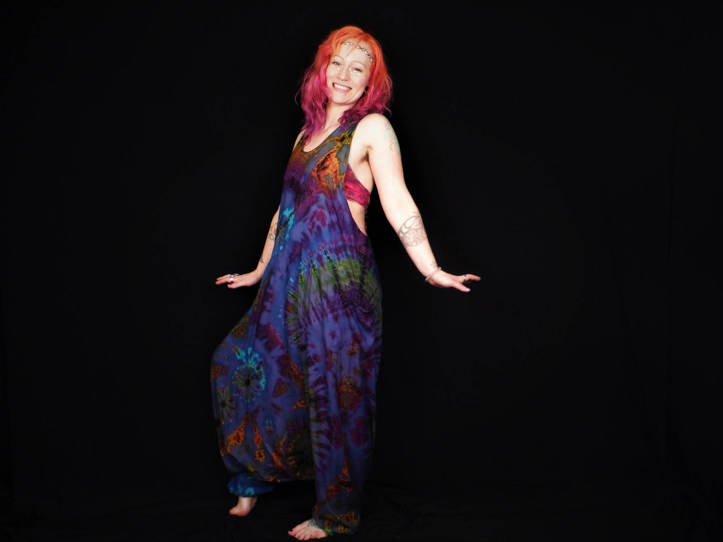 Tie-Dye Harem Dungarees - Mid-Blue Rainbow - Bare Canvas