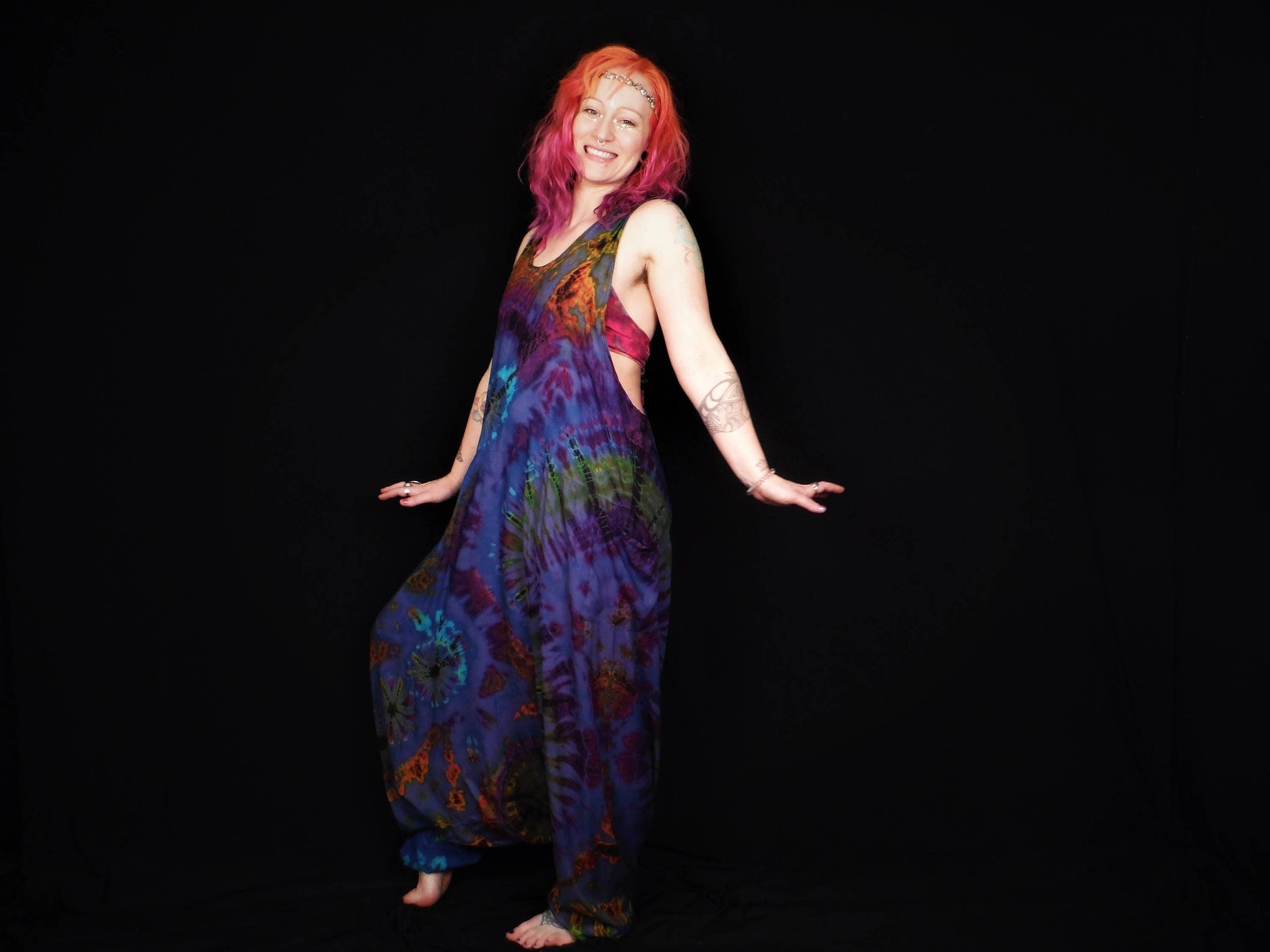 Tie-Dye Harem Dungarees - Mid-Blue Rainbow - Bare Canvas