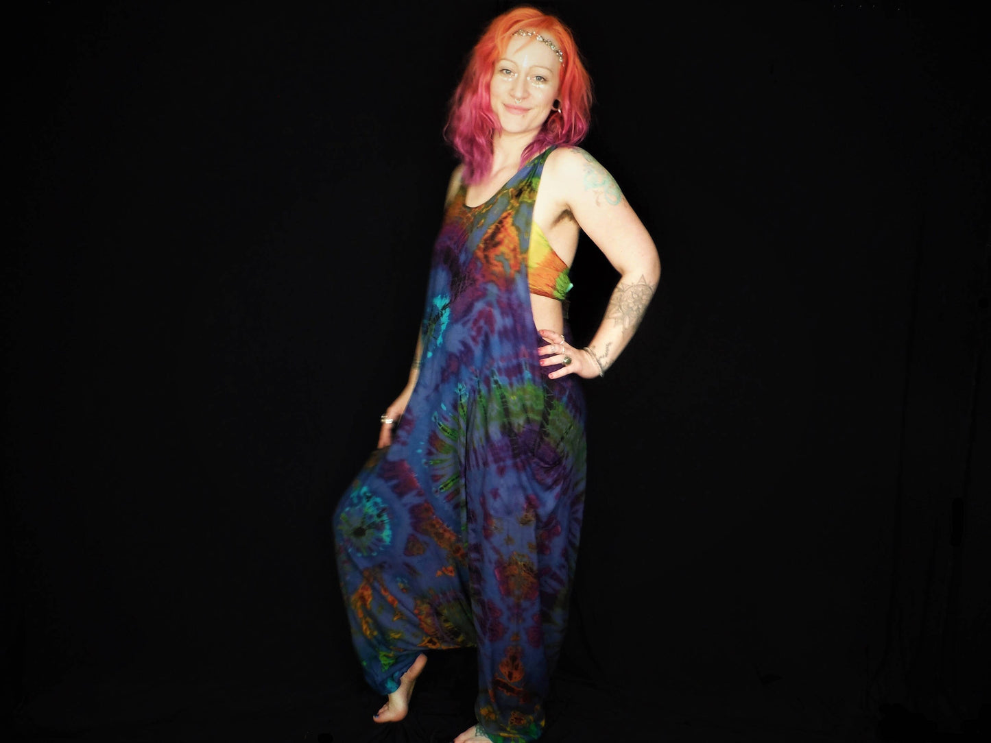 Tie-Dye Harem Dungarees - Mid-Blue Rainbow - Bare Canvas