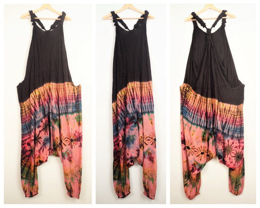 Half Tie-Dye Harem Dungarees - Black and Baby Pink