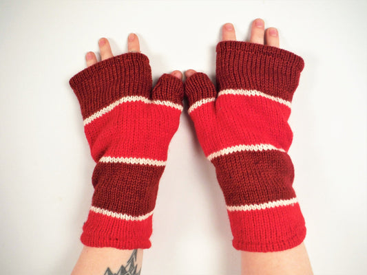 Fleece Lined Knitted Wrist Warmers - Red and White Striped (Loose Fit) - Bare Canvas