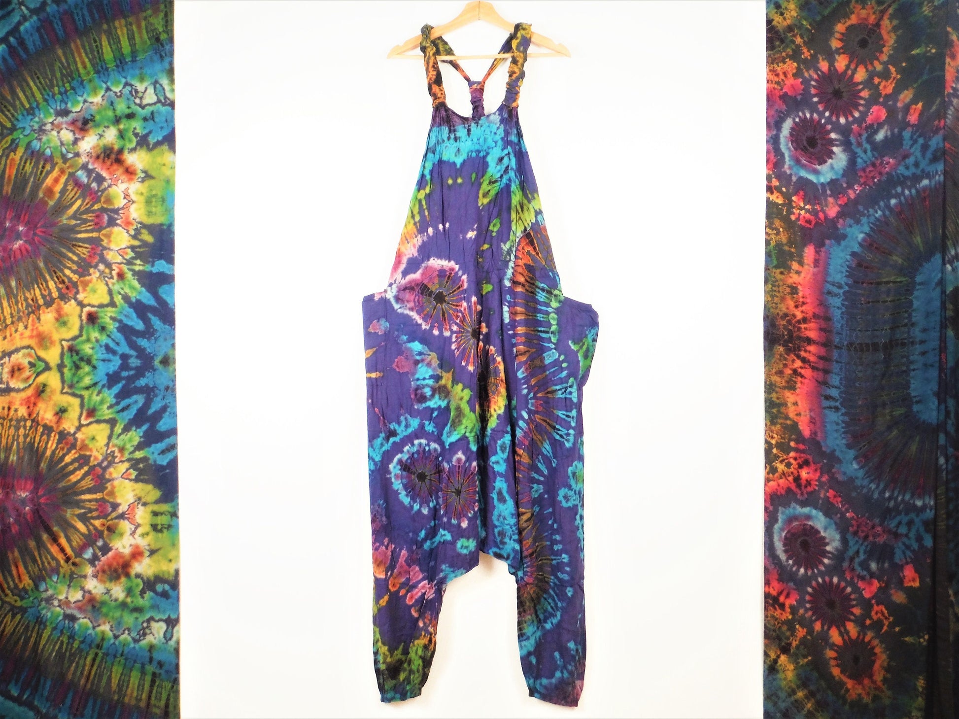 Tie-Dye Harem Dungarees - Mid-Blue Rainbow - Bare Canvas