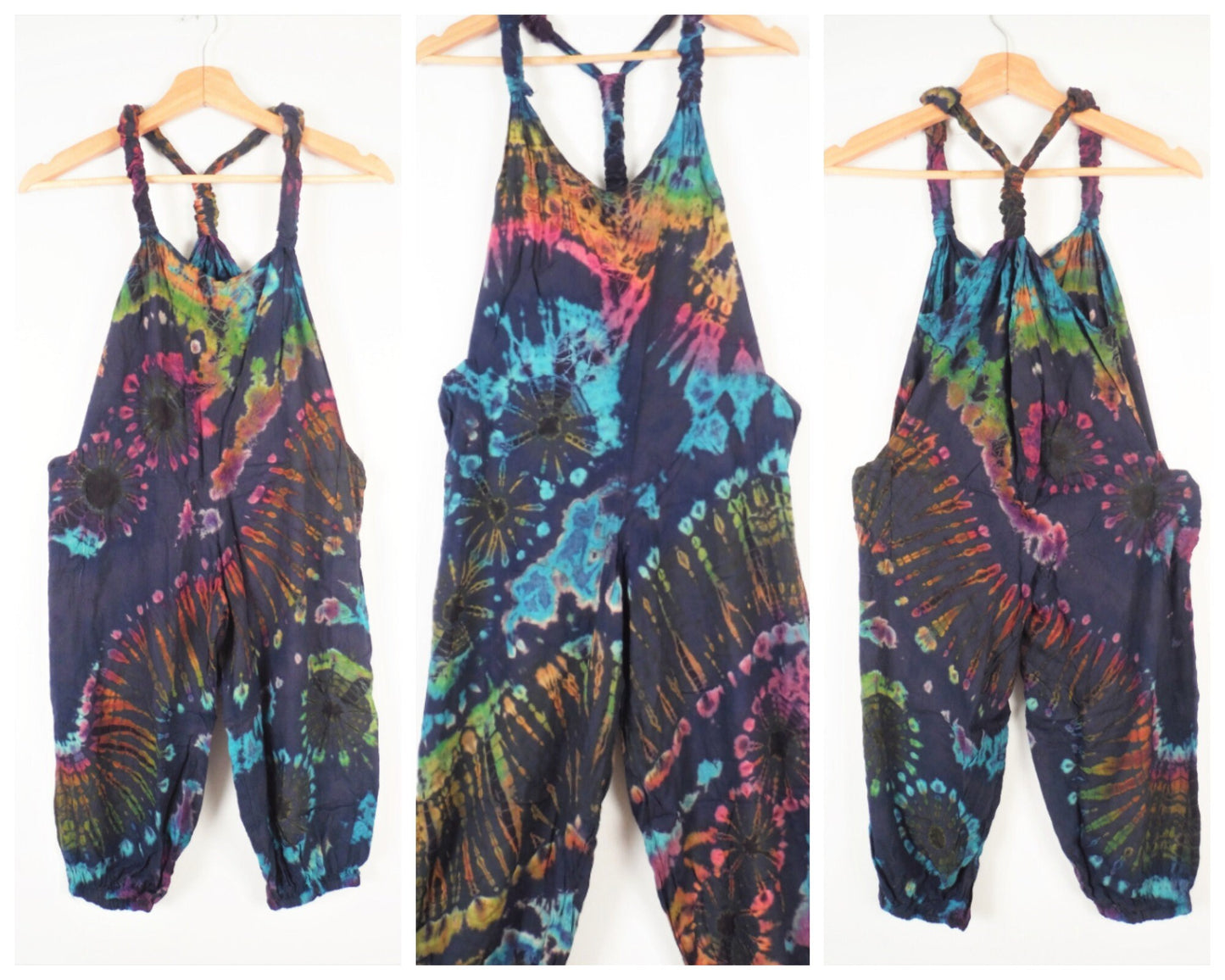 Children's Tie-Dye Dungarees - Navy Blue Rainbow Age 3-4, 5-6, 7-8, 9-11, - Bare Canvas