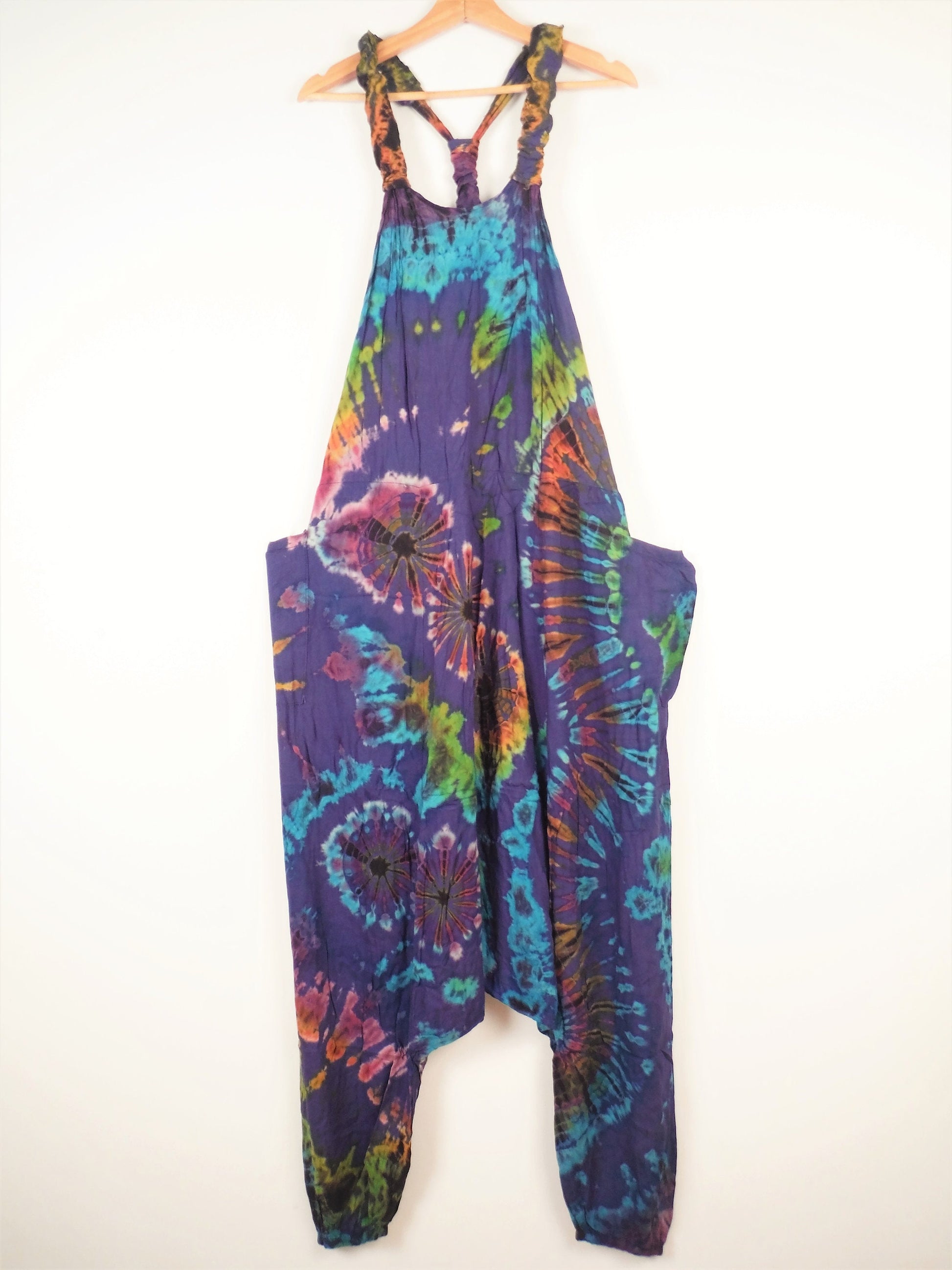 Tie-Dye Harem Dungarees - Mid-Blue Rainbow - Bare Canvas