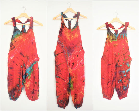 Children's Tie-Dye Dungarees - Bright Red Rainbow Age 3-4, 5-6, 7-8, 9-11,