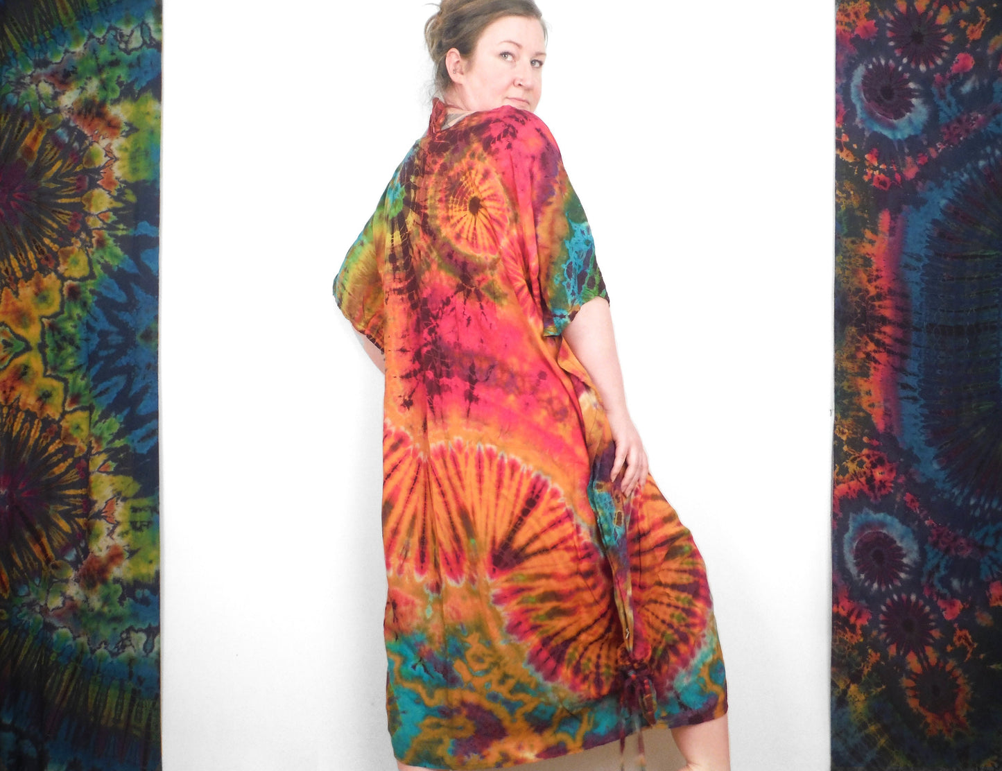 Robe / Haut Poncho Tie-Dye Long Été - Orange Arc-en-Ciel