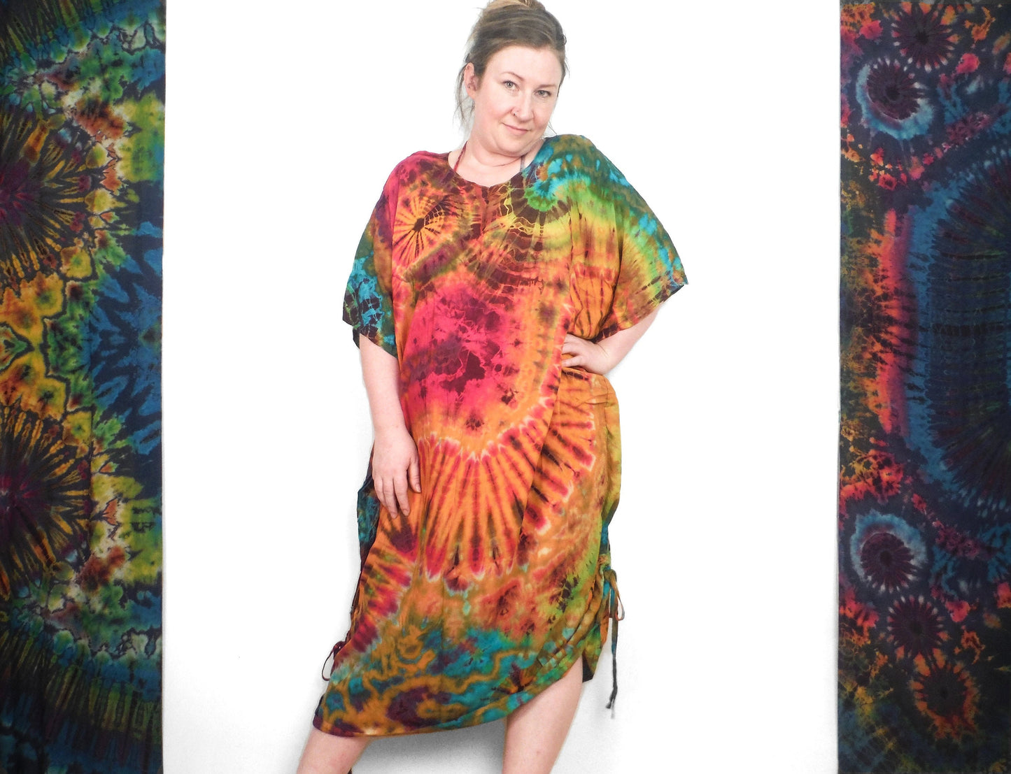 Robe / Haut Poncho Tie-Dye Long Été - Orange Arc-en-Ciel
