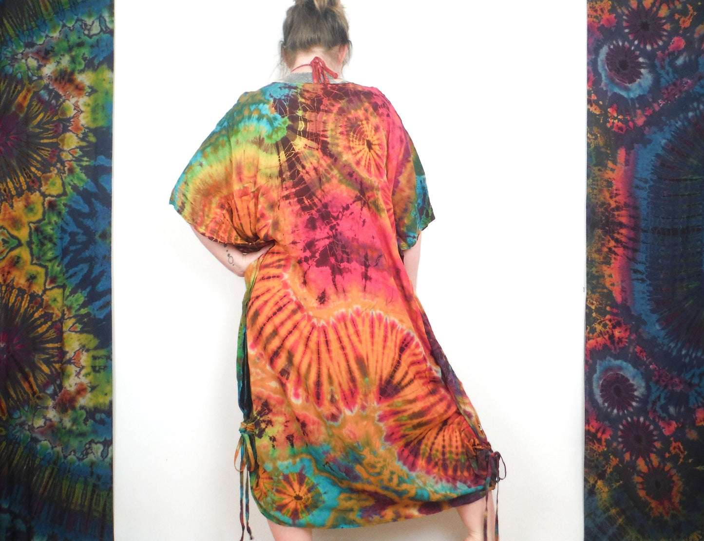 Robe / Haut Poncho Tie-Dye Long Été - Orange Arc-en-Ciel
