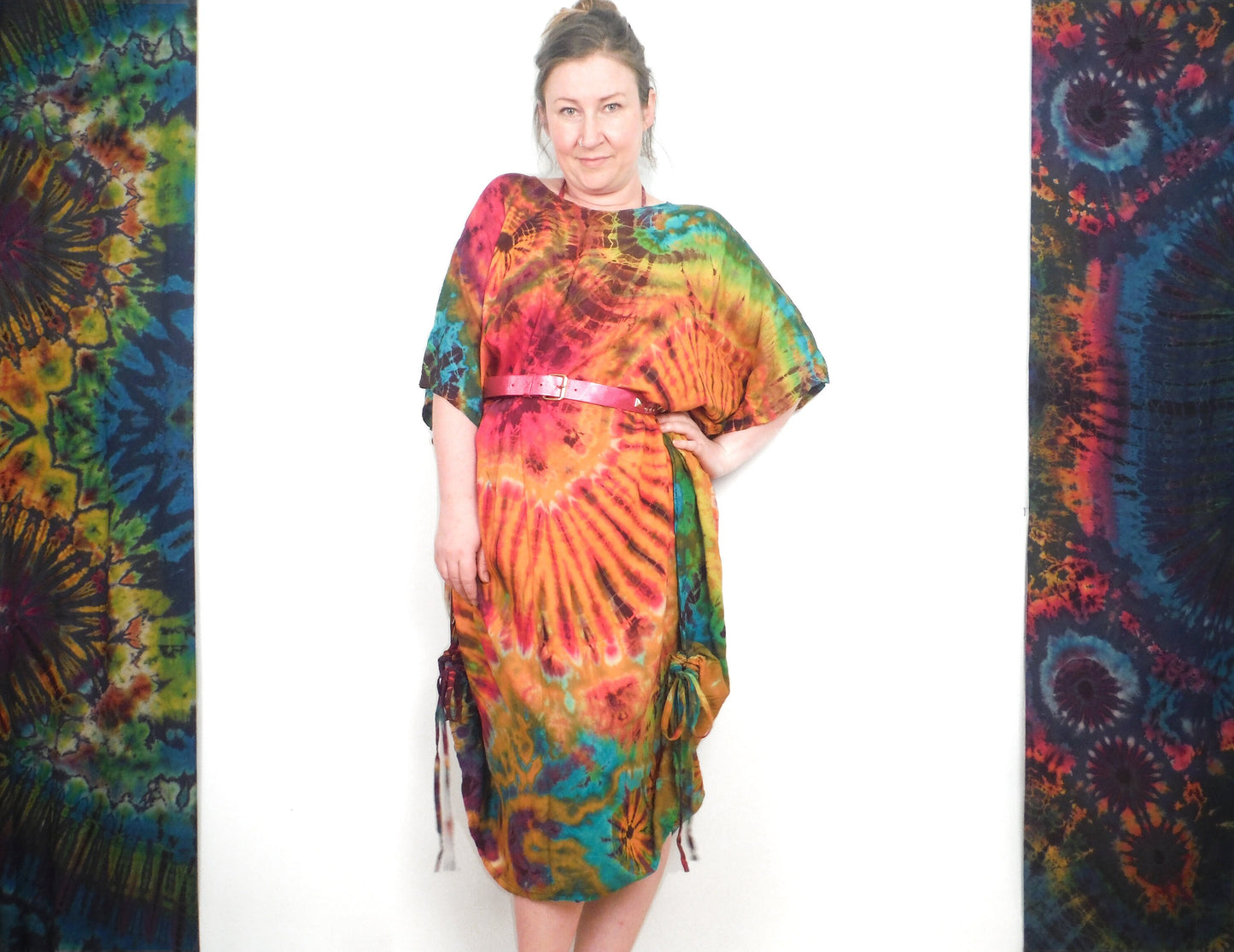 Robe / Haut Poncho Tie-Dye Long Été - Orange Arc-en-Ciel