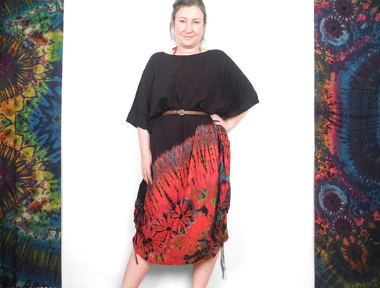 Long Summer Poncho Dress / Top - Half Tie-Dye Black and Red Rainbow - Bare Canvas
