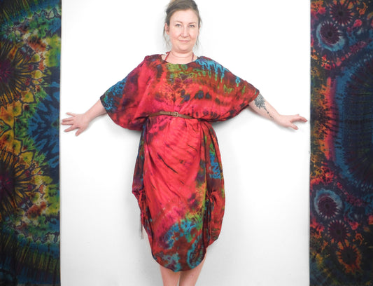 Long Summer Poncho Tie-Dye Dress / Top - Red Rainbow - Bare Canvas