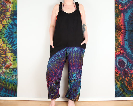 Half Tie-Dye Dungarees - Black and Mid Blue - Bare Canvas