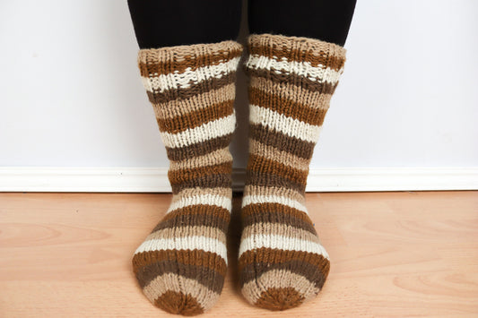 Long Cosy Knitted Sofa Socks - Cream and Brown - Bare Canvas