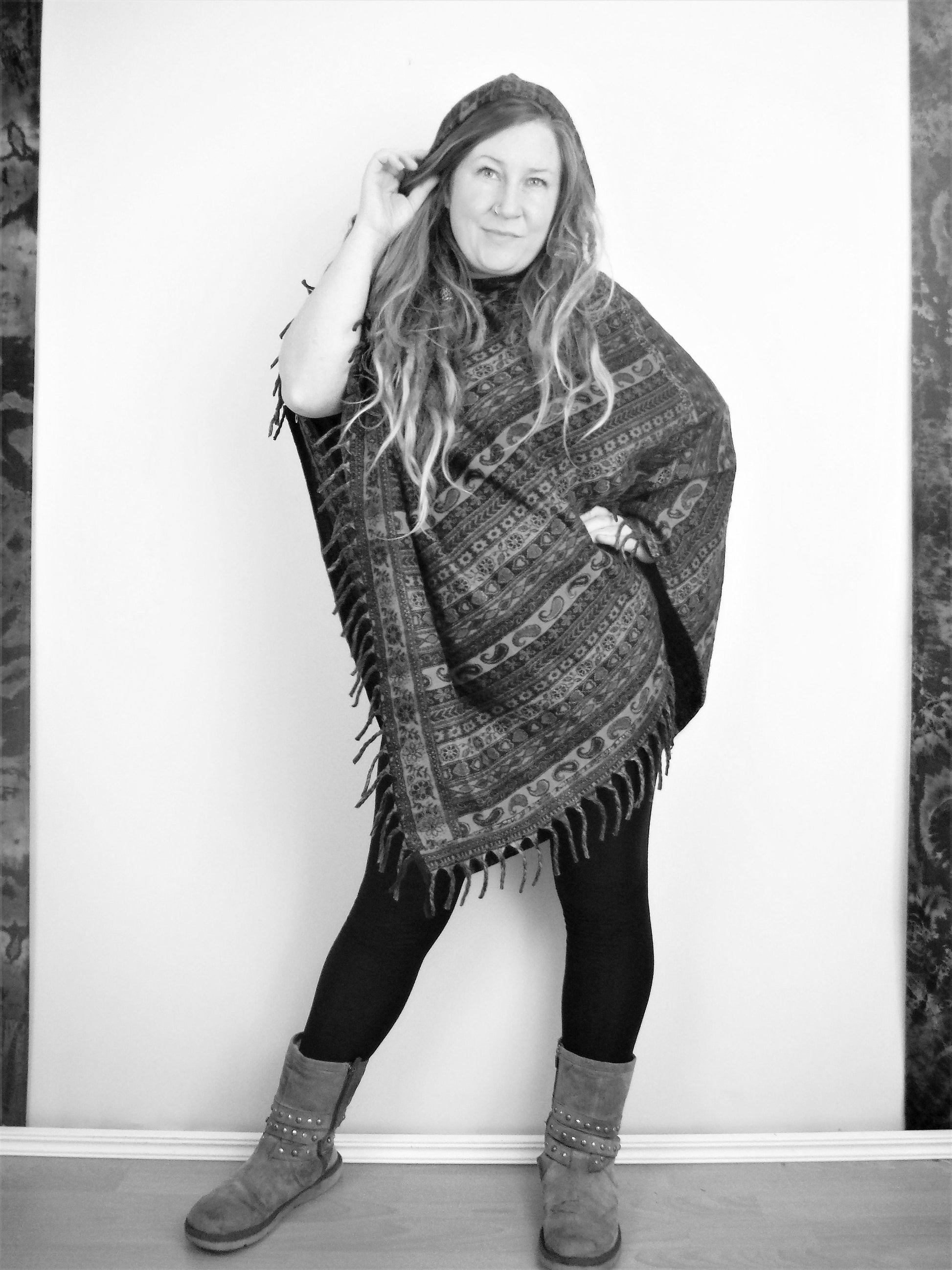 Hooded Blanket Poncho - Brown Cream Green and Pink Paisley Striped - Bare Canvas