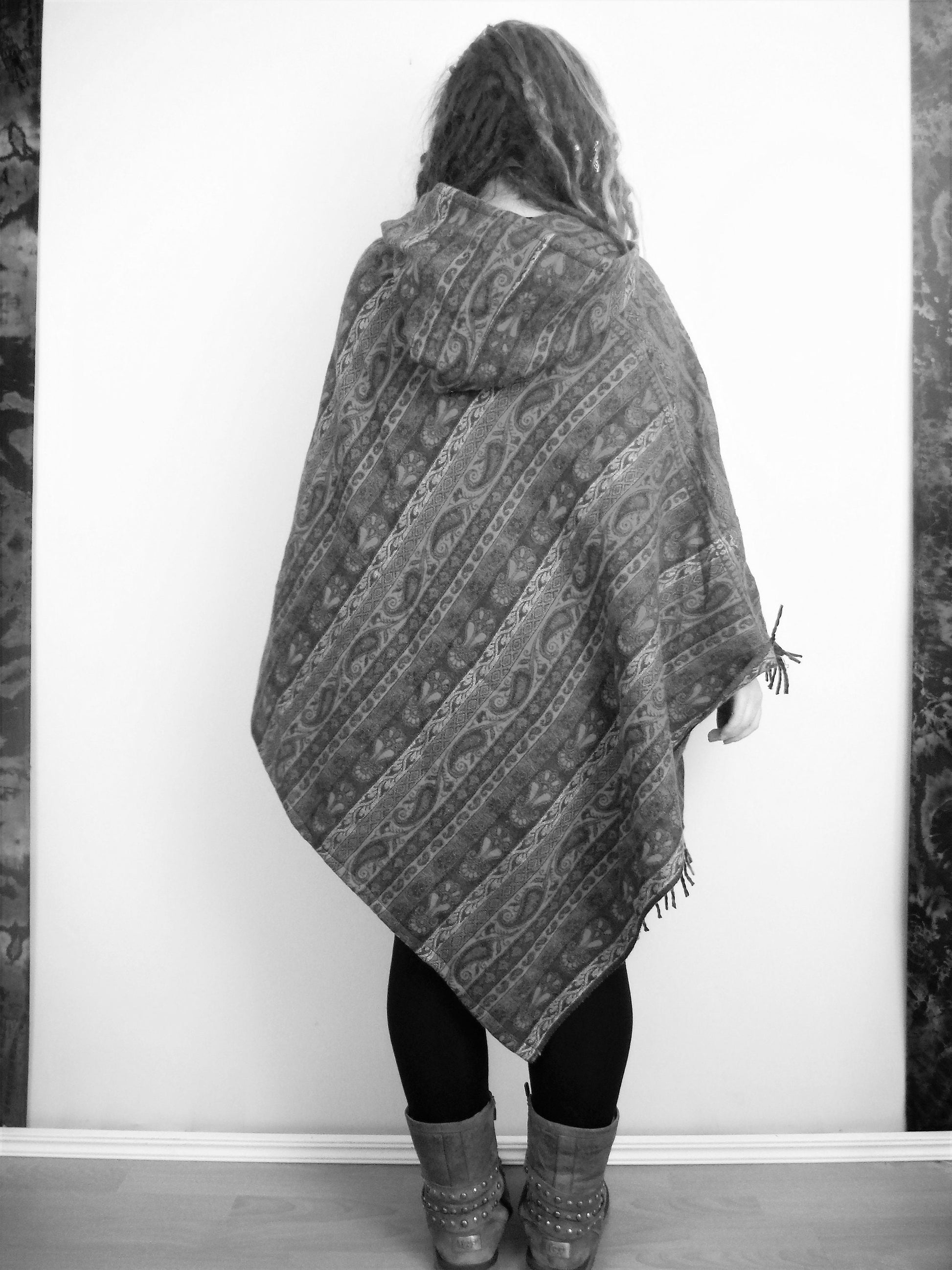 Hooded Blanket Poncho - Brown Cream Green and Pink Paisley Striped - Bare Canvas