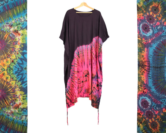 Long Summer Poncho Dress / Top - Half Tie-Dye Black and Hot Pink - Bare Canvas
