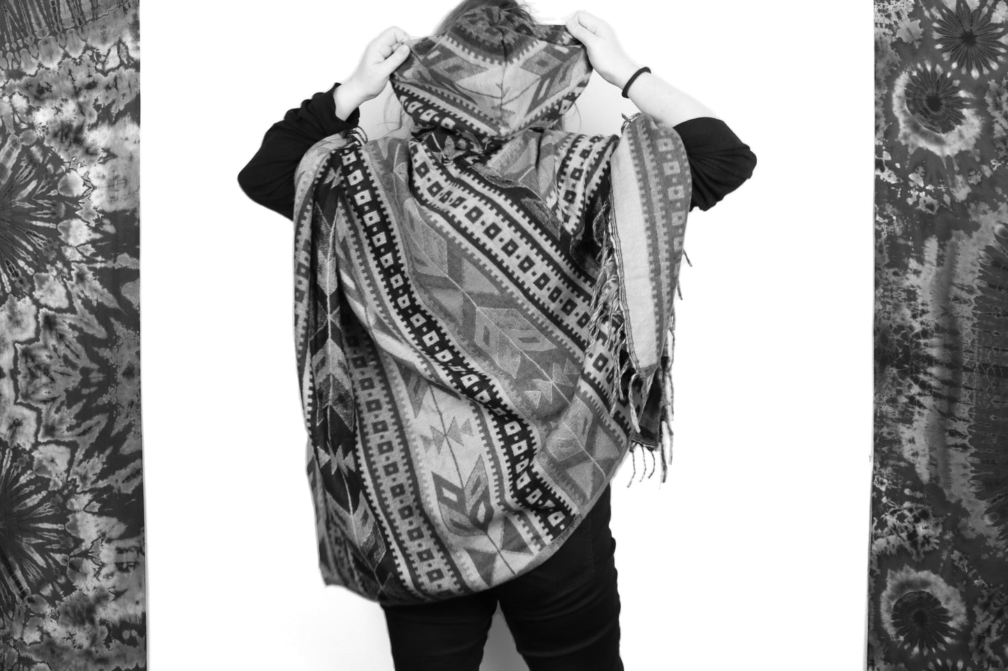 Hooded Blanket Poncho - Cream Blue Purple and Red Aztec