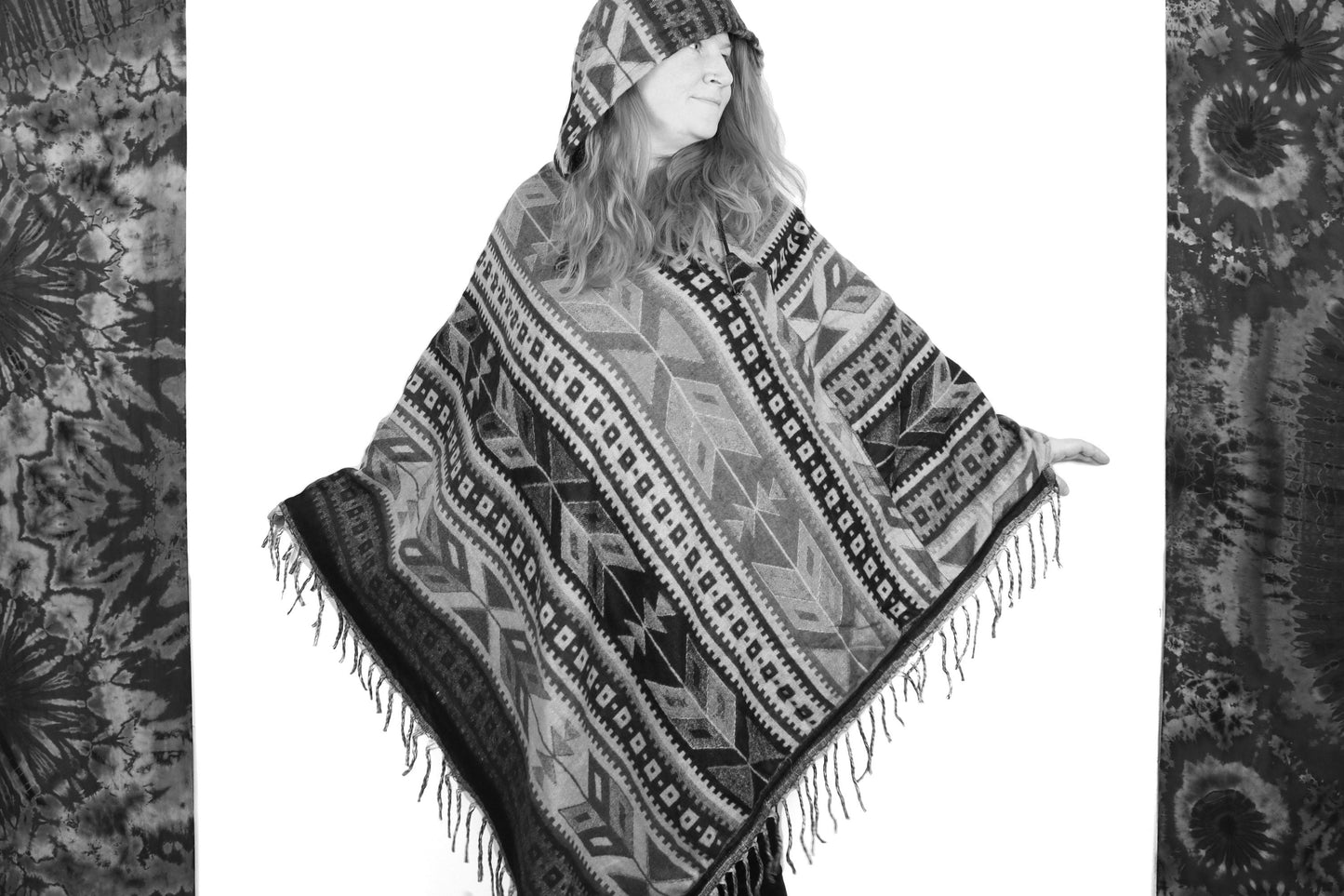 Hooded Blanket Poncho - Cream Blue Purple and Red Aztec
