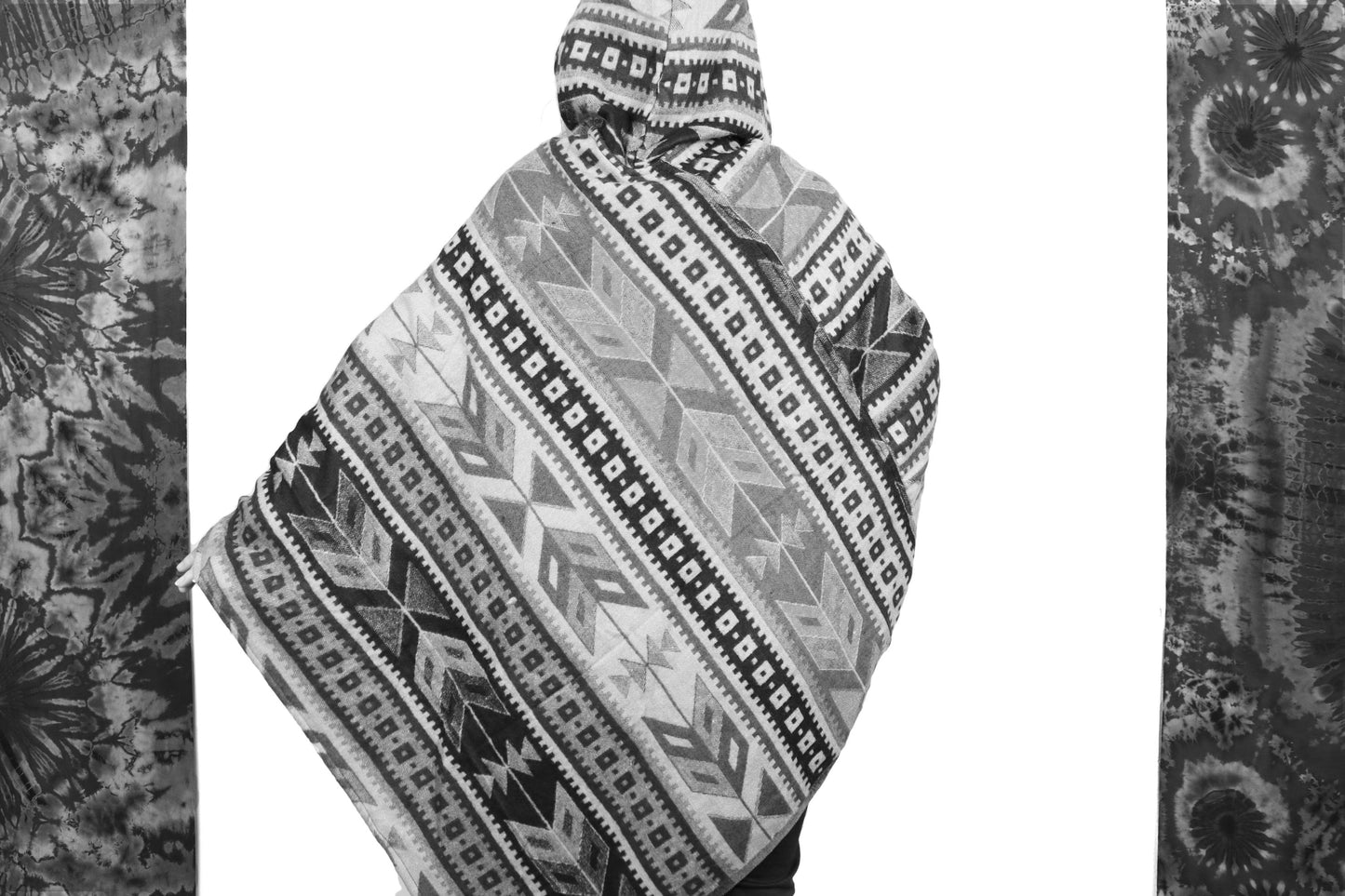 Hooded Blanket Poncho - Cream Blue Purple and Red Aztec