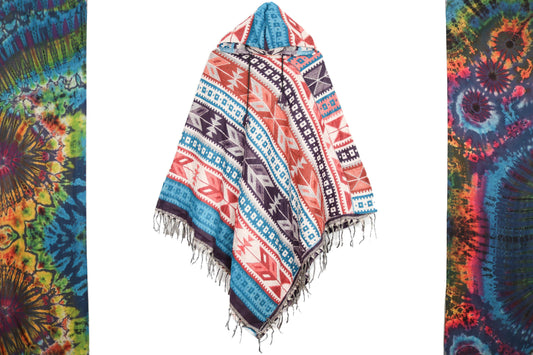 Hooded Blanket Poncho - Cream Blue Purple and Red Aztec