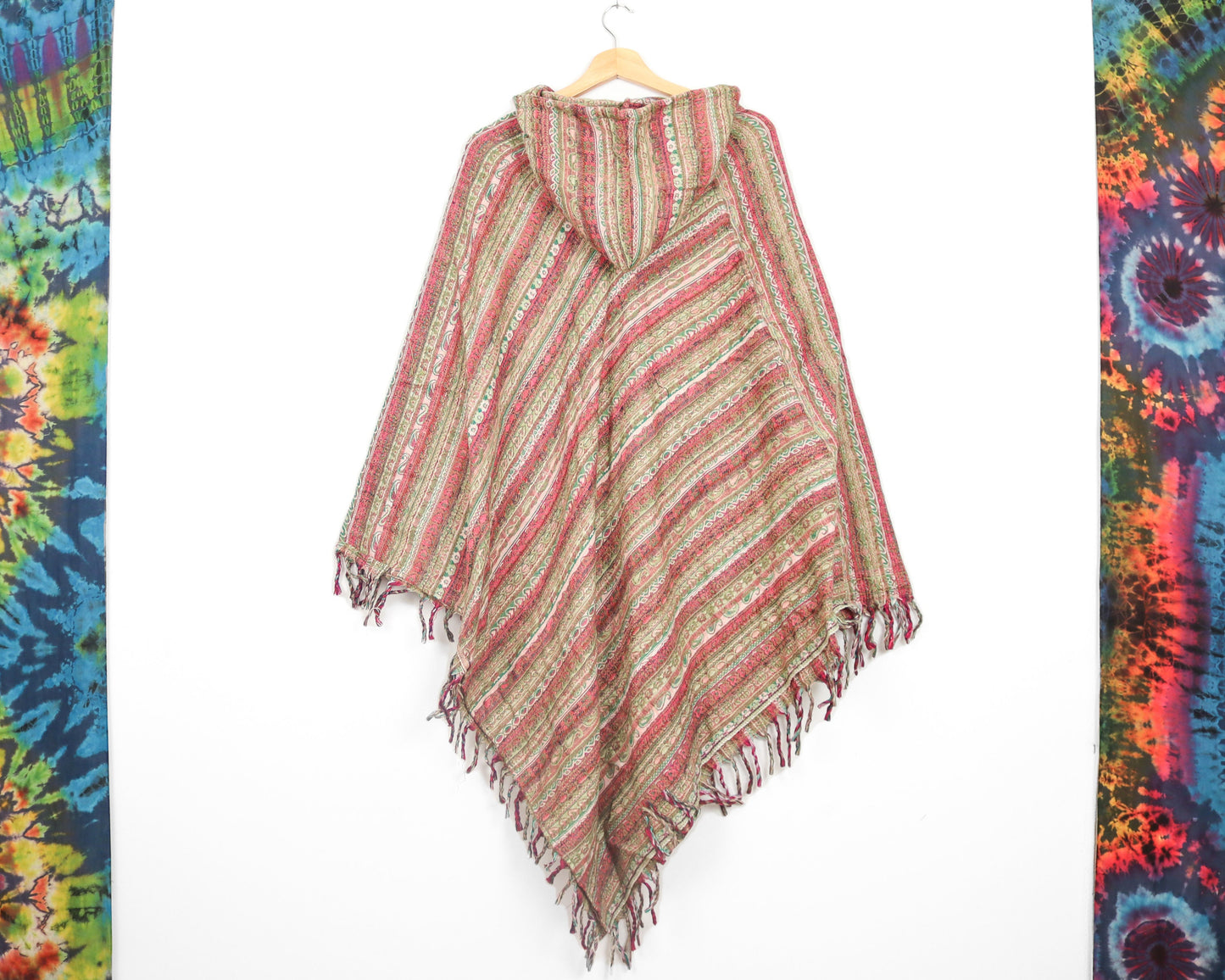 Hooded Blanket Poncho - Brown Cream Green and Pink Paisley Striped - Bare Canvas