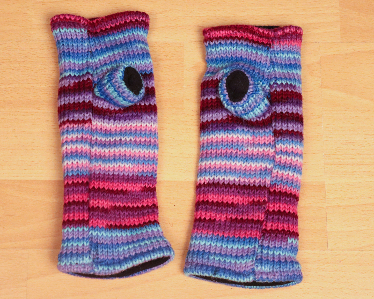 Chauffe-poignets tricotés doublés de polaire - Rayé bleu violet et rose