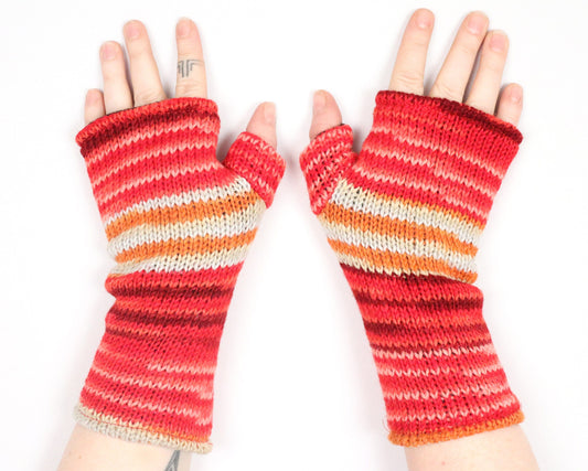 Fleece Lined Knitted Wrist Warmers - Red Orange and Cream Striped - Bare Canvas