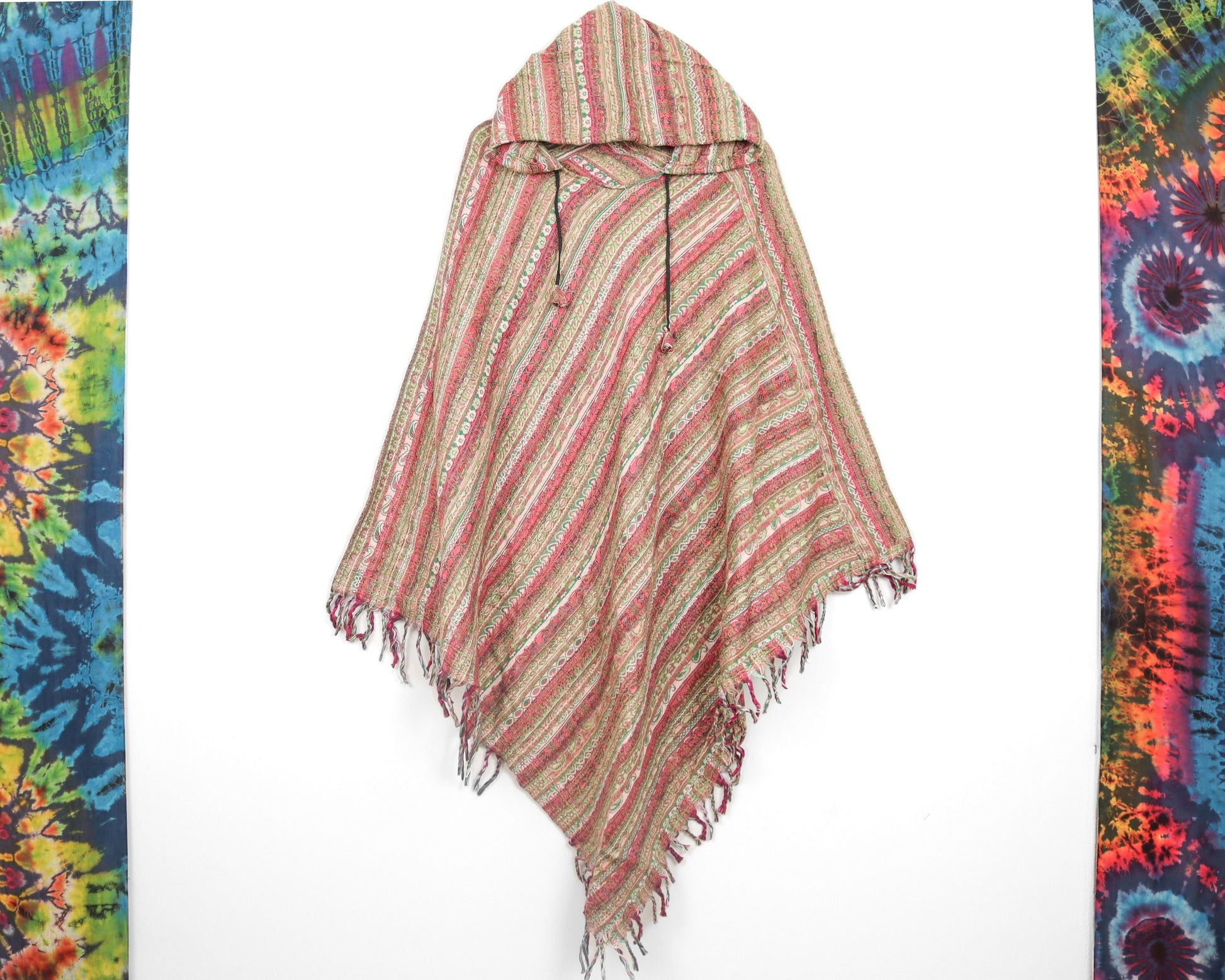 Hooded Blanket Poncho - Brown Cream Green and Pink Paisley Striped - Bare Canvas