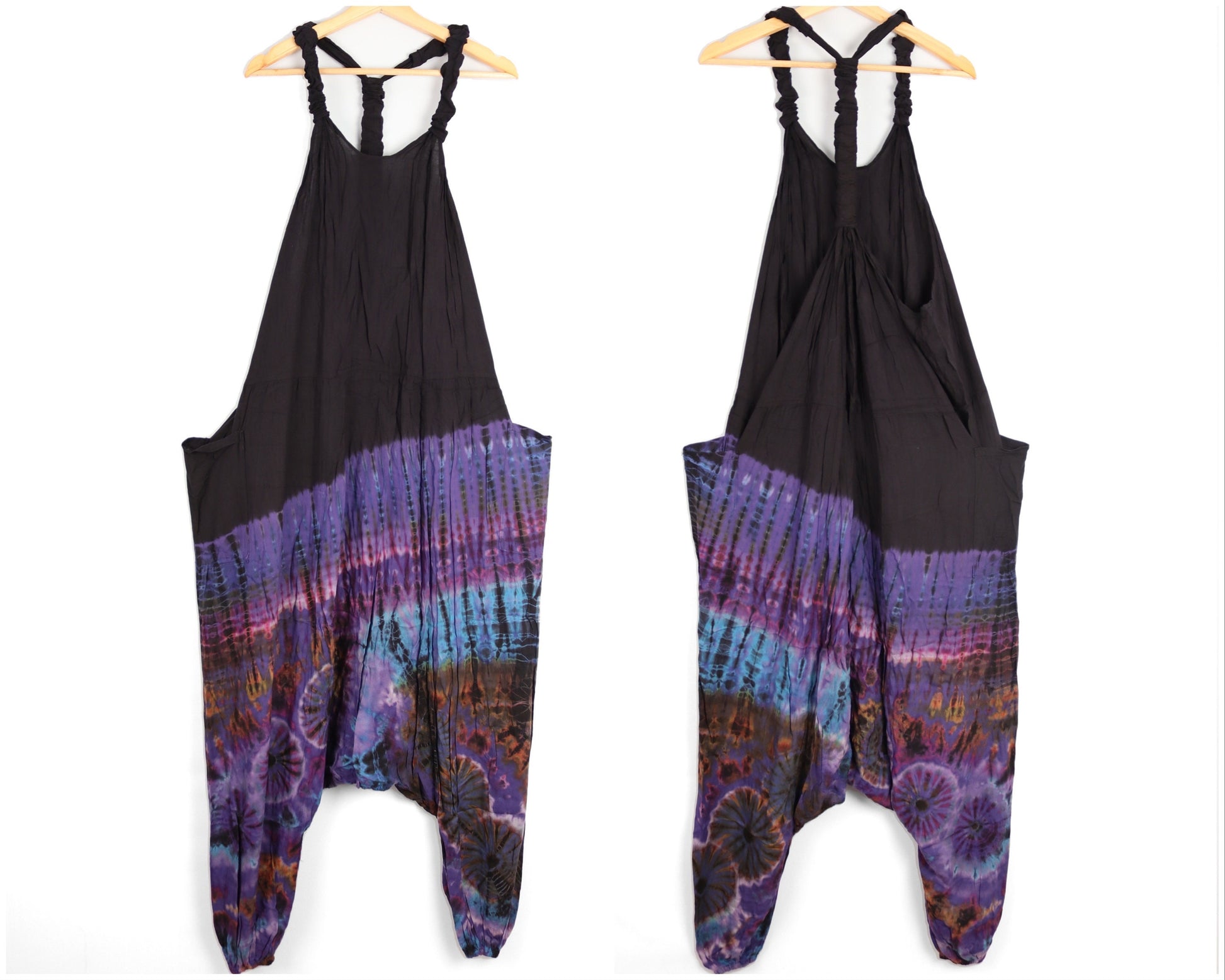 Half Tie-Dye Harem Dungarees - Black and Blueberry Purple - Bare Canvas