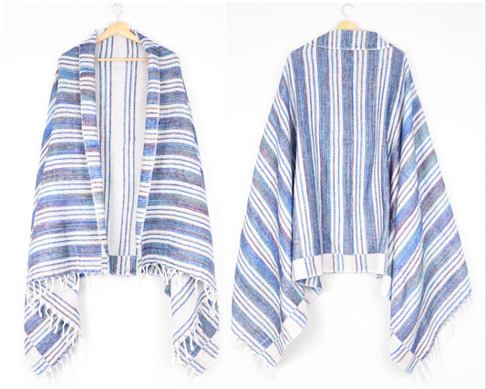 Blanket Scarf / Shawl / Throw - White and Blue Striped - Bare Canvas