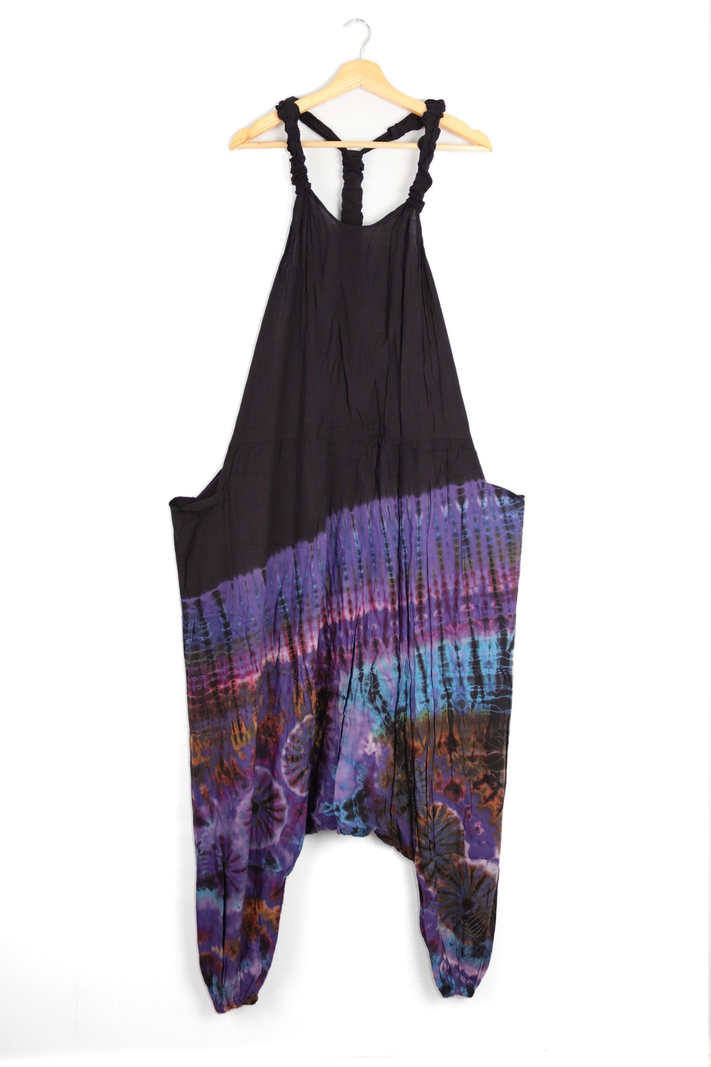 Half Tie-Dye Harem Dungarees - Black and Blueberry Purple - Bare Canvas