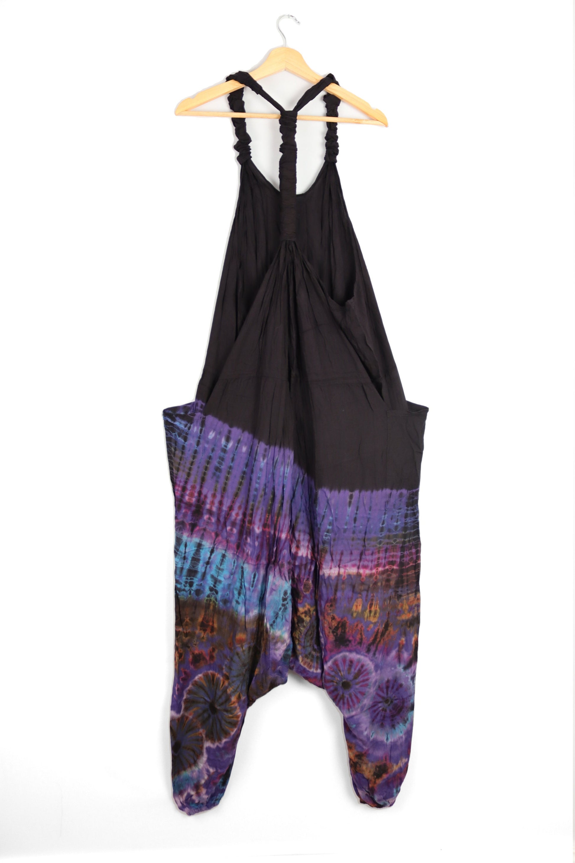 Half Tie-Dye Harem Dungarees - Black and Blueberry Purple - Bare Canvas