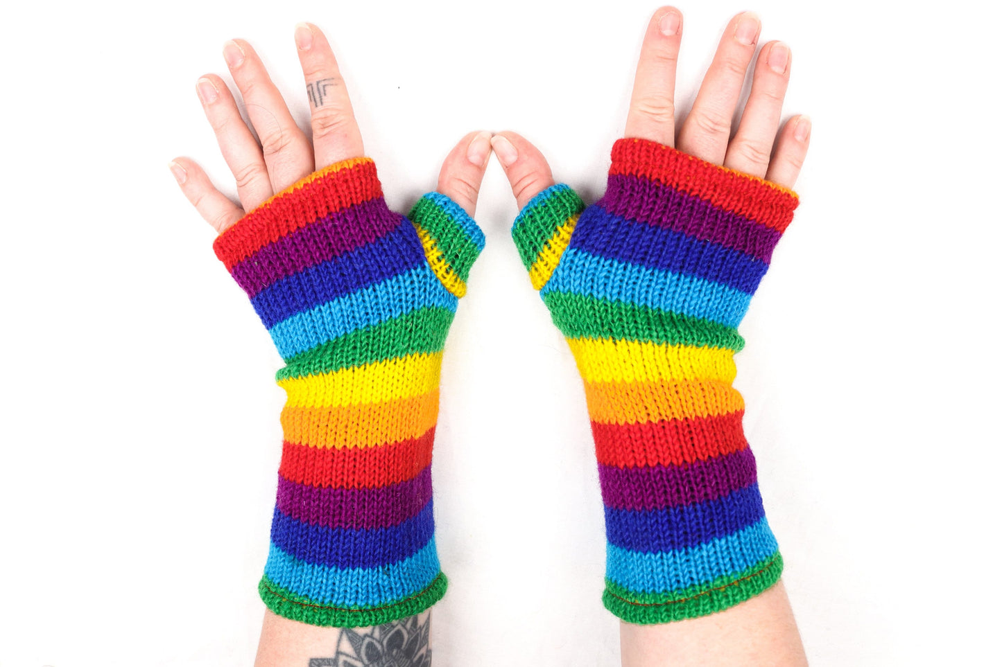 Fleece Lined Knitted Wrist Warmers - Rainbow Wide Striped - Bare Canvas